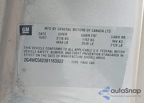 2008 Buick Lacrosse Cx из США, поврежденный, VIN 2G4WC582381163922